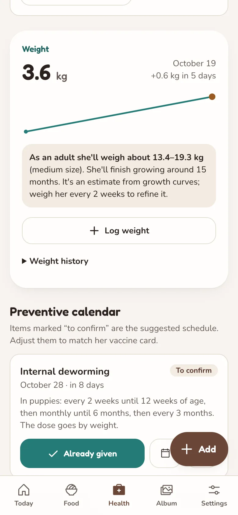 Health screen with the weight curve